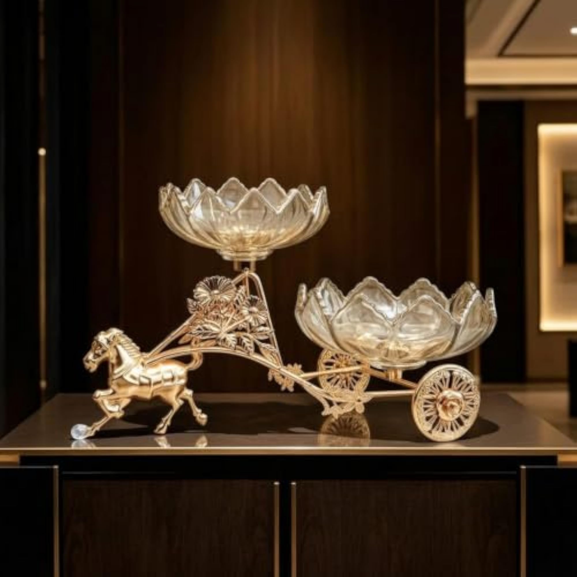 Gold-Tone Serving Tray with Bowls, Ornate Snack Tray with Stand