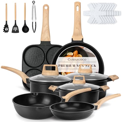 Image of Colourcoco Pots and Pans Sets - 21 Pieces Non Stick Granite Coating Pans with Handles & Lids, Induction-Compatible Cooking Set with Utensils, Pads and Stockpot, Oven Safe