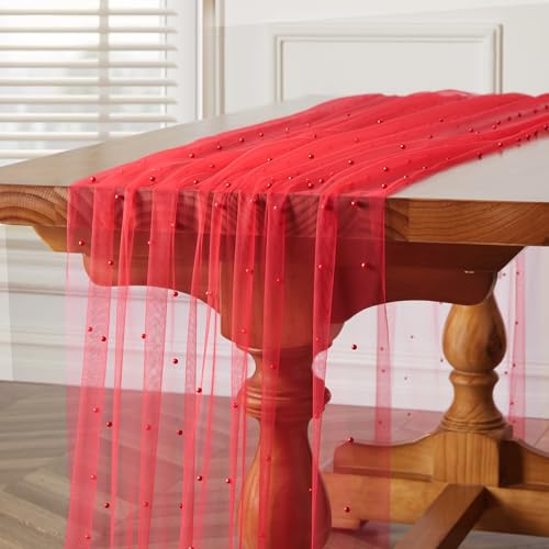 Image of TREELY Red Pearl Table Runner 10 Ft Tulle Fabric Lace Table Runner for Wedding Arch Veil Dessert Birthday Party Bridal Shower Decor 29.5x120 Inches