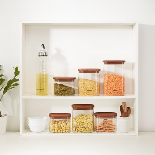 Image of Borosil 600ml Storage Jar Set with Bamboo Lid | Made in India Borosilicate Glass Dishwasher Safe Container for Kitchen | Multipurpose Kitchen Organizer for Cookie & Dals