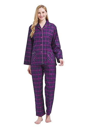 Image of GLOBAL Women's Flannel Pajamas Set 100% Cotton PJs for Women Long Sleeve Button Drawstring Waist Warm Loungewear Sleepwear