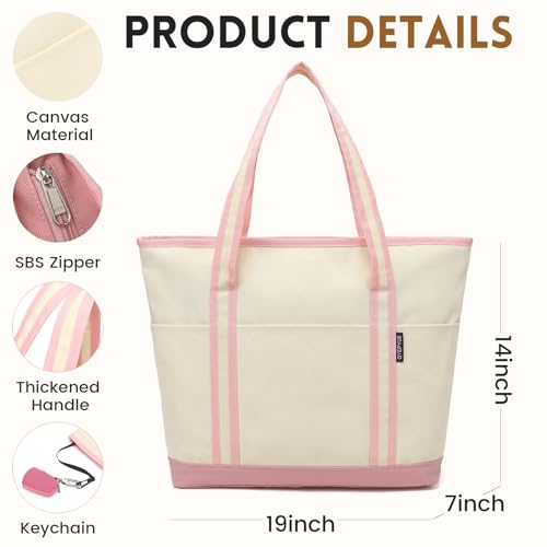 Image of Large Canvas Tote Bag for Women, Beach Bag with Zipper, Utility Tote Bag with 3 Front Pockets, Weekender Pool Bag