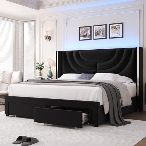 hithos king velvet platform bed front view with wingback headboard