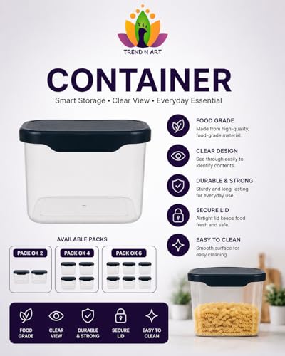 Image of Multi-Purpose Container, Transparent Kitchen Organizer Box, Airtight Dry Food Storage Jar for Rice, Flour, Snacks & Grocery Storage, BPA Free, Space Saving Design (4, 1200, Milliliters)