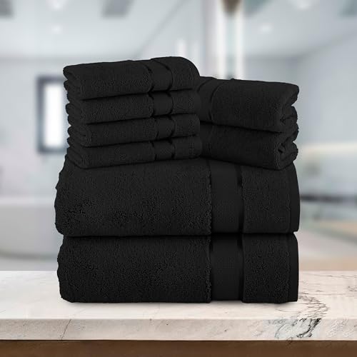 Image of Elegant Comfort Premium Cotton 8-Piece Towel Set, Includes 4 Washcloths, 2 Hand Towels and 2 Bath Towels, 100% Turkish Cotton - Highly Absorbent and Super Soft Towels for Bathroom, Black