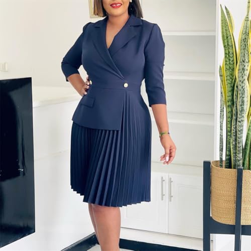 Women's Lapel Neck Breasted Blazer Dress Business Elegant 3/4 Sleeve Solid Color Pleated Midi Dresses3
