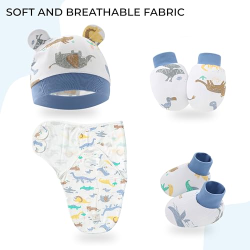 Image of BEMBIKA Newborn Baby Essentials Dress Set Clothing Combo With Swaddle Wrap, Mittens, Cap And Booties- (Animal Print - Set Of 4)
