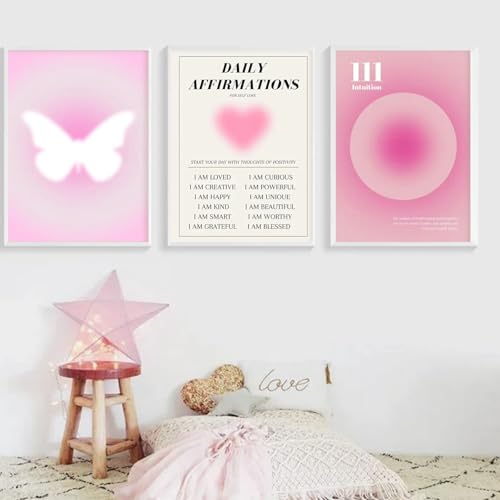 Set di 3 poster rosa, decorazione Aesthetic Aura e stampe artistiche, estetica rosa farfalla, citazioni ispiratrici, tela per soggiorno, camera da letto, poster artistici stampati senza cornici, (#A,