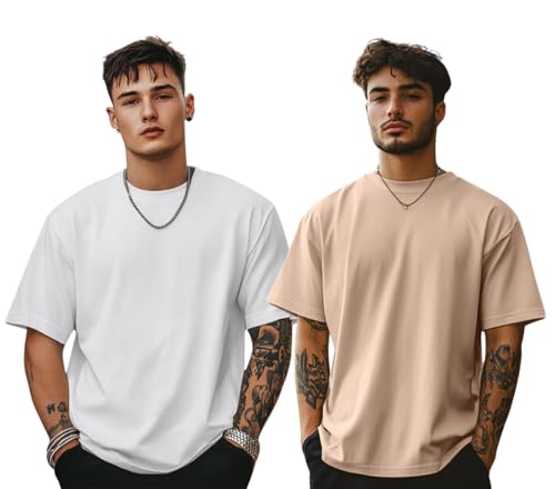 Image of Veirdo Solid Oversized 100% Pure Cotton Combo T-Shirt for Men & Boys (Half Sleeves, Round Neck, Drop Shoulder, Baggy Fit, Pack of 2, Available in S to 2XL