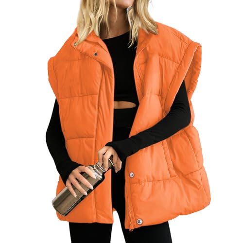 Songling Womens Oversized Puffer Vest Stand Collar Full Zip Sleeveless Bubble Puffer Vest Quilted Padded Warm Coat Outwear (Orange,XL)