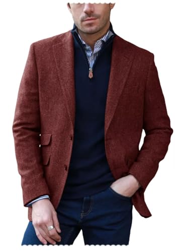 Men's 2-Button Herringbone Blazer Retro Casual Classic Tweed Blend Sports Jacket
