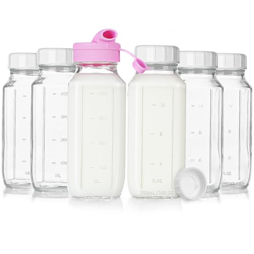 Image of Sovietiep 16 Oz Square Glass Milk Bottles with A Silicone Cap, 6 Pack Glass Bottles for Juicing with Airtight Lids, Drinking Bottles with Lids and Scale Mark, Breast Milk Storage Jug Easy to Carry
