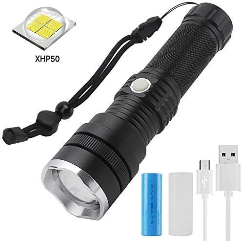 Maxesla Ultra-Powerful 2000-Lumen Rechargeable Tactical Military LED Torch with 3 Adjustable Brightness Modes, Zoom and Waterproof Coating for Camping and Hiking (Battery & USB Charger Included)