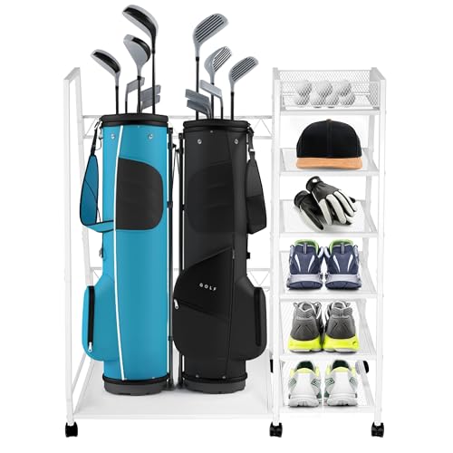 GENMOUS Golf Bag Organizer Garage Storage, Golfing Equipment Accessories, Golf Storage Rack Stand Fits for 2 Golf Bags, Golf Organizer for Garage, Club, Shed, Basement