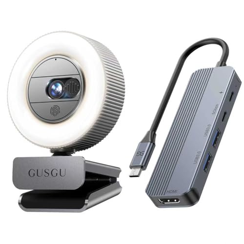 GUSGU G910 2K Quad HD Webcam with Microphone, Light & Privacy Cover + 5-in-1 USB-C Hub with 4K HDMI, 2 USB 3.0 Ports, 100W PD Charging β Streaming Camera & Multiport Adapter Bundle for Lapto