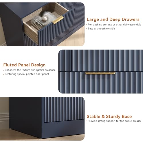 Image of Blue 7 Drawer Dresser for Bedroom, 55'' Wide Fluted Dresser with Gold Handles, Modern Chest of Drawer for Bedroom, Closet, Living Room, Entryway, Hallway, Blue