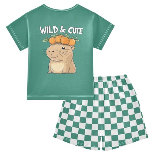Checkerboard Plaid Orange Capybara Teal Pajama Set Short Sleeve Sleepwear Soft Pajamas Shorts Sets Cotton PJS 5Y2