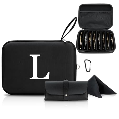 erigerna Estojo organizador de óculos de sol personalizado inicial L, 2 peças, revestimento rígido de EVA com mosquetão de metal, 8 compartimentos ajustáveis para vários óculos e estojo de óculos