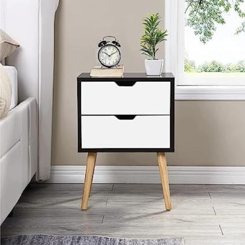 Image of Brown Art SHOPPEE 2-Drawer End Side Table with Drawer and Solid Wood Legs, Bedside Table for Bedrooms, Mid-Century Modern Drawer Storage Cabinet for Bedroom & Furniture (Black & White)