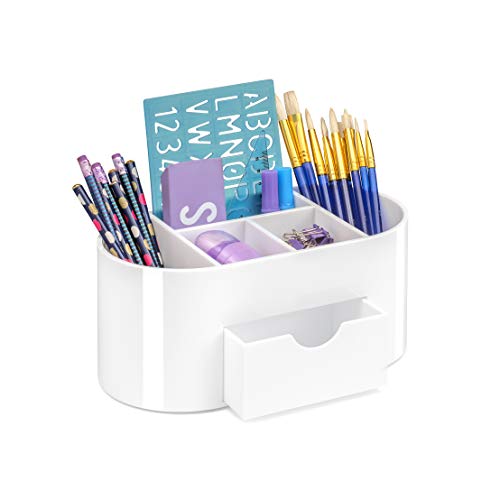 OSCO High Gloss Plastic Desk Organiser with Drawer | Desk Tidy | Pen Holder | Makeup Container | Pencil Storage | 6 Compartments | Cosmetic Display | Stationery Caddy | H10.5 x W23 x D12 cm |