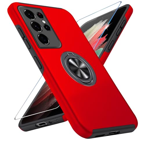 Coque Samsung S21 Ultra rouge pour éviter les fissures d'écran avec anneau et film