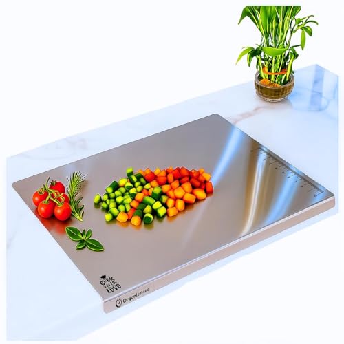 Image of OrganizeMee Premium (35x30cm) Stainless Steel Chopping Board | Steel Kitchen Counter top for Cutting, Vegetable Chopper, for Meat & Veggies Items, Chopping Board Steel pad (Medium Platform)