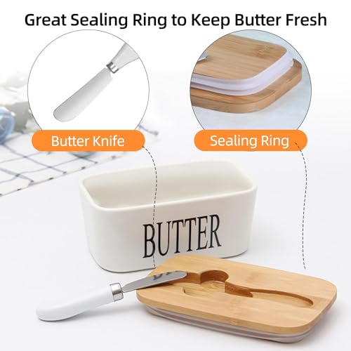 Image of Ceramic Butter Dish with Wooden Lid and Stainless Steel Knife, Large Butter Container Keeper with Bamboo Cover and Silicone Sealing Ring for West and East Coast Butter (White)