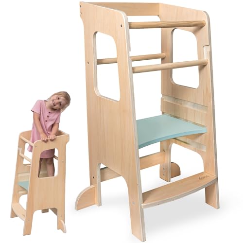 Torre de observación y Aprendizaje de Madera Natural – 3 Niveles escalables para niños – Pies Antideslizantes y Antideslizantes – Doble Barra de Seguridad – Torre Despertar bebé Montessori