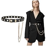 FIORETTO Grommet Leather Belt with Detachable Chain Women Men Punk Rock Waist Belts for Jeans Pants Single Holes (With Gold Chain)