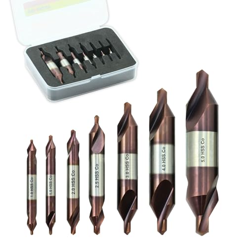 Center Drill Bit Set M35 HSS Cobalt Centering Drill Bit for Stainless Steel Carbon Steel Alloy Steel Cast Iron Copper Other Hard Metals Metric 1-5mm (7pcs) TiAlN Coated