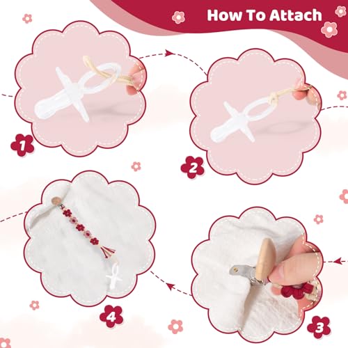 Image of Pacifier Clip for Boys Girls Floral Daisy Macrame Baby Paci Clip Pacifier Holder Leash Boho Wooden Clips Handmade Braided Cotton Binky Clips (2pack:Red Daisy x 2)
