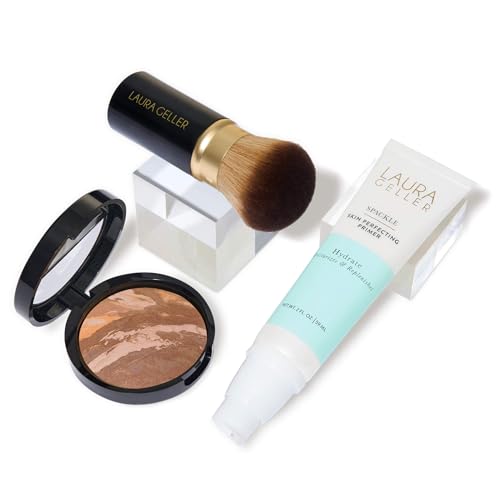 LAURA GELLER NEW YORK Laura's Must-Haves Kit 3pc: Baked Balance-n-Brighten Powder Foundation, Tan + Spackle Skin Perfecting Makeup Primer, Hydrate + Airbrush Round Kabuki Brush