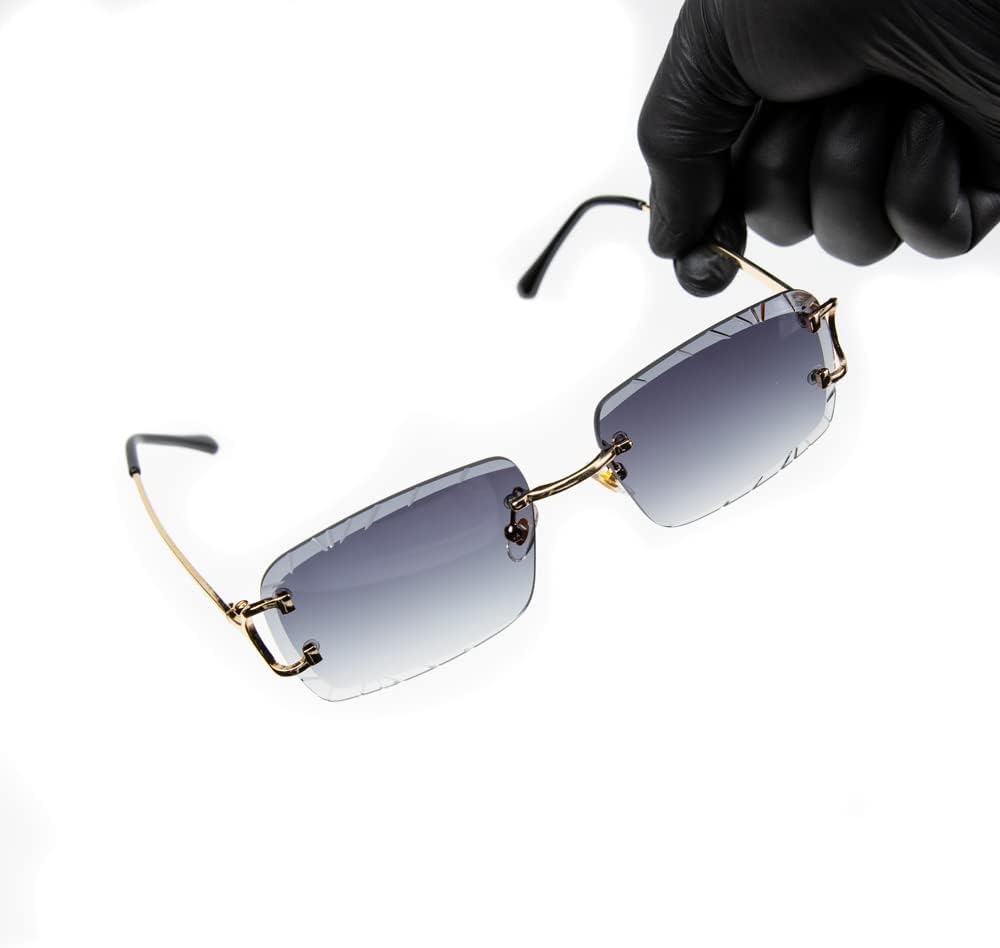 Rimless Gem Cut Unisex Square Luxury Retro 90's Hip Hop Diamond Cut lens Purple Smoke Tint Lens Gold Wire Frame Sun Glasses Frameless Rectangle Summer Shades Sunglasses For Men And Women - Image 3