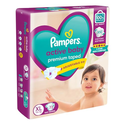 Image of Pampers Active baby Tape Style Baby Diapers, Large (XL), 72 Count, 12+ kg, Adjustable Fit with 5 Star Skin Protection Diapers (Pack of 3)