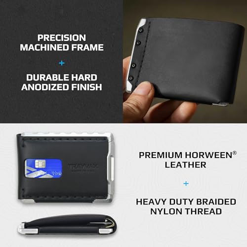 Image of Trayvax Venture Billfold Wallet, Front Pocket Money and Credit Card Holder, Minimalist Slim Leather Metal Wallet for Men and Women, Latigo Black, Billfold