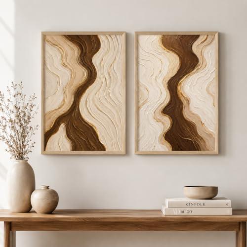 Image of Livin'luxe Set of 2 Brown Beige Abstract Wall Photo with Frame for Living Room Bedroom Hall Office Decor, Premium Wooden Synthetic Frame Luxury Artwork Gift