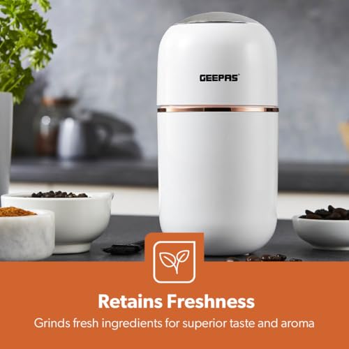 Geepas Coffee Grinder 80 g Capacity | Stainless Steel Bowl & Double Blades | Electric Dried Spice Nuts Herbs Beans Coffee Grinder | Small Fixed Mill with Transparent Lid | 2 Year Warranty, 200W, White
