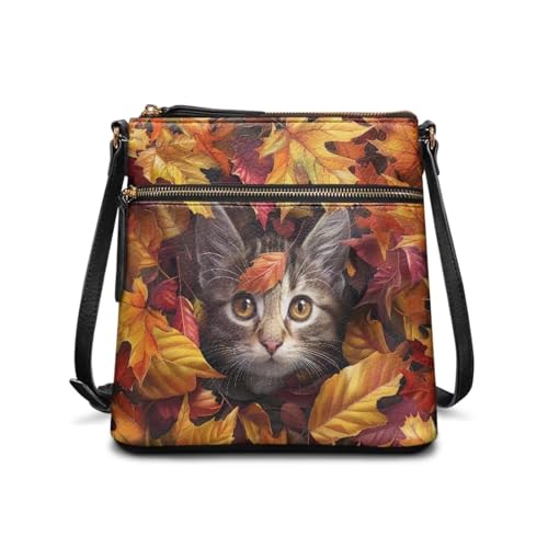 HUGS IDEA Autumn Kitten Crossbody Handbag for Women Maple Leaf