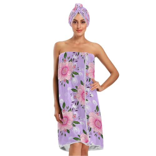 Bulletgxll Flowers with Green Leaves Women's Shower Wrap Towel Set of 3 Adjustable Spa Body Wrap Super Absorbent Bathrobe with Hair Towel & Headband