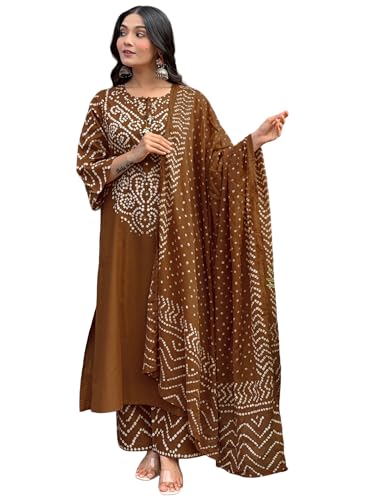 Image of GoSriKi Kurta Sets for Women Rayon Viscose Bandhani Printed | Kurti Set for Woman | Kurta Pant Dupatta Set | Straight Kurti | Round Neck 3 /4 Sleeve Suit Set for Women Stylish Ethnic Outfit