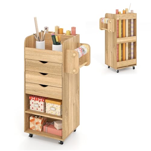 COSTWAY Carro de Cocina con Ruedas, Carrito Auxiliar para Manualidades, Carrito Utilitario de Cocina con Estantes Abiertos, 3 Cajones, 3 Compartimentos, Carro Multiusos para Costura (Natural)