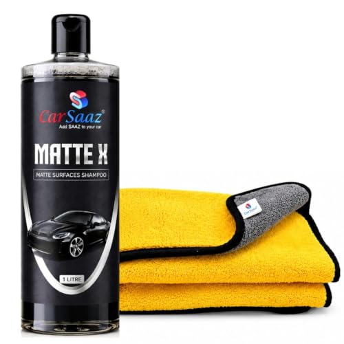 Image of CAR SAAZ Matte X Car & Bike Wash Shampoo (1 Ltr) with Microfiber Cloth 380 GSM | Shampoo for matte vehicles | Wash, Shine & Protect | Matte Car & Bike Shampoo | pH Neutral, Highly Effective (1000 ml)