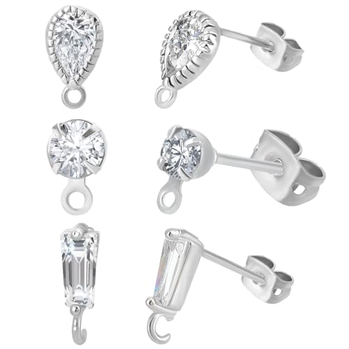 Beebeecraft 30Pcs Cubic Zirconia Earring Findings 3 Style Real Platinum Plated Round Teardrop Trapezoid Earring Post with Loop and Earring Back for Jewelry Making