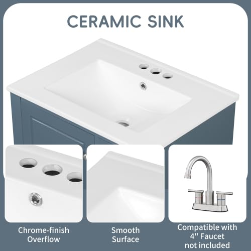 Image of Bellemave 24 inch Bathroom Vanity with Ceramic Sink & 3 Drawers, Bathroom Cabinet with Storage Shelves & Solid Wood Base, Freestanding Vanity Cabinet with Soft Closing Door with Organizer (Blue Gray /24)
