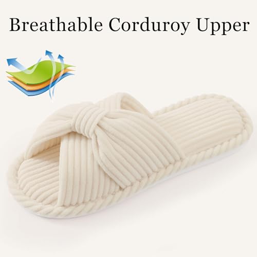 Image of Evshine Summer House Slippers for Women Corduroy Cross Bow Indoor Slippers Open Toe Slip On Bedroom Shoes with Memory Foam