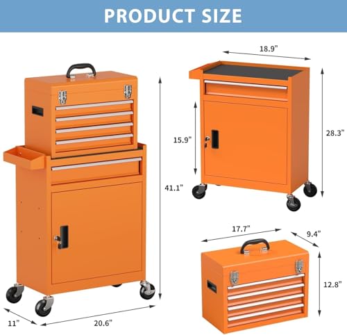 Image of 5-Drawer High Capacity Rolling Tool Chest, Removable Toolbox on Wheels Organizers, Lockable Tool Box Tool Storage Cabine with Drawers and Wheels for Workshop and Warehouse（5-Drawer, Orange）