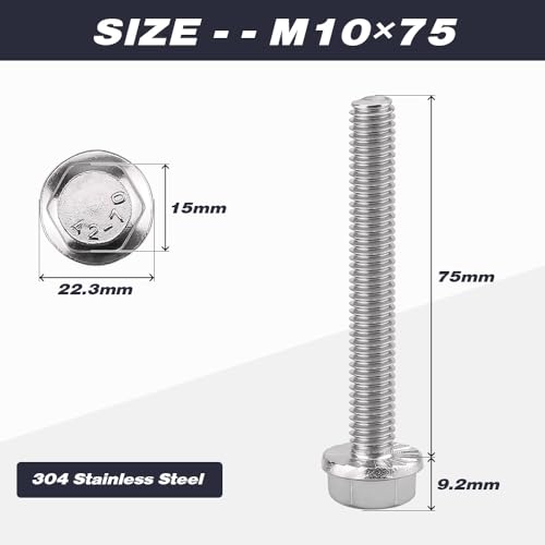 Image of M10-1.5 x 75mm (6 pcs) Flanged Hex Bolts, 304 Stainless Steel 18 /8, Large Washer Head Automotive Screws for Car Parts & Machinery Replacement