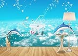 XLMING Dibujos Animados Cielo Azul Nubes Blancas Piano Delfín 3D Papel Pintado Pared Premium Textura Seda Estudio Comedor Vinilos Dormitorio Sofás TV Cocina-200cm×140cm