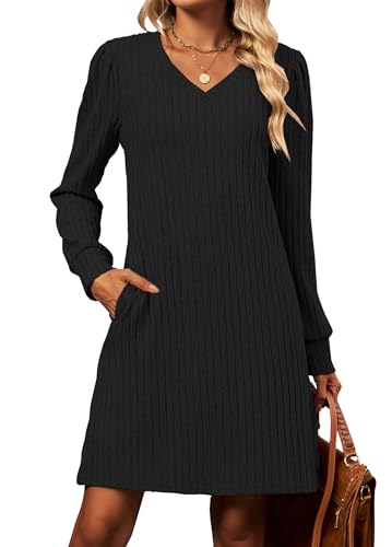 POGTMM Herbstkleid Damen Dünne Strickkleid Langarm Herbst Winter Kleider V Ausschnitt Freizeitkleid mit Taschen (Schwarz,XL)