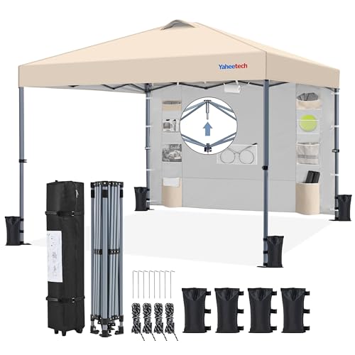 Yaheetech 3x3M Pop Up Gazebo with 9 Storage Pockets Sidewall, Commercial Shade Shelter, Waterproof Awning Canopy with Roller Bag & Sandbags for Garden Party Outdoor Camping Beach, Beige